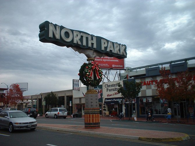 North Park sign. Decorated for the holidays.
