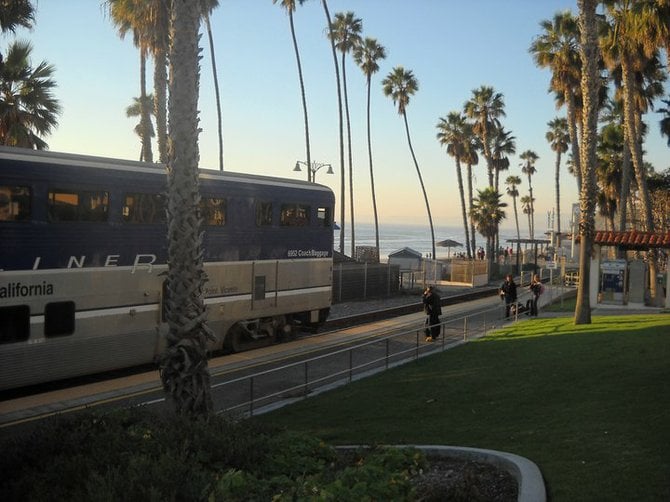 Amtrak's Pacific Surfliner stops at San Clemente Pier.
