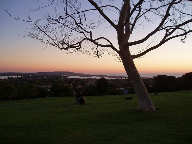 Dusk at Kate Sessions Park in La Jolla. There was a gentle breeze blowing in the warm air. A man could be heard strumming a guitar and singing softly. Several dogs at the bottom of the hill were barking and the crickets had just begun to chirp.