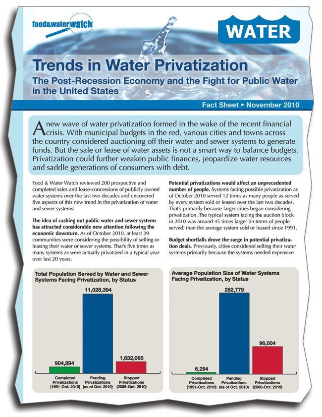 Food and Water Watch, a group linked to Ralph Nader, opposes privatization of water.