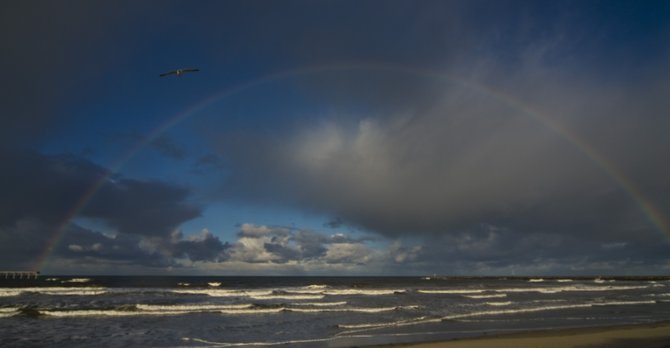 Every morning at daybreak I head to the beach to film The Random Surf Report, a daily video surf report to promote my photography.. This particular morning, it was nasty.. windy and rainy..
I almost just stayed in bed.  When I set up my tripod, this rainbow appeared, so I started snapping away... 15min later, it was gone.  Skill and dedication are the keys to good photographs. Sometimes a little luck doesn't hurt either...