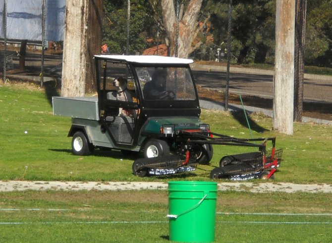 Tank the range dog at Torrey Pines Golf Course on his ball retrieving duty. 