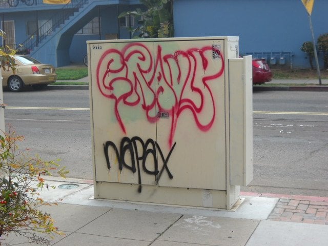 Utility box graffiti along Ebers Street.