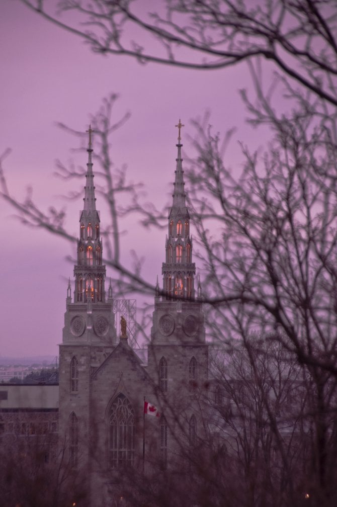 Winter view of Notre-Dame cathedral, shot from the parliament building in Ottawa, Canada.