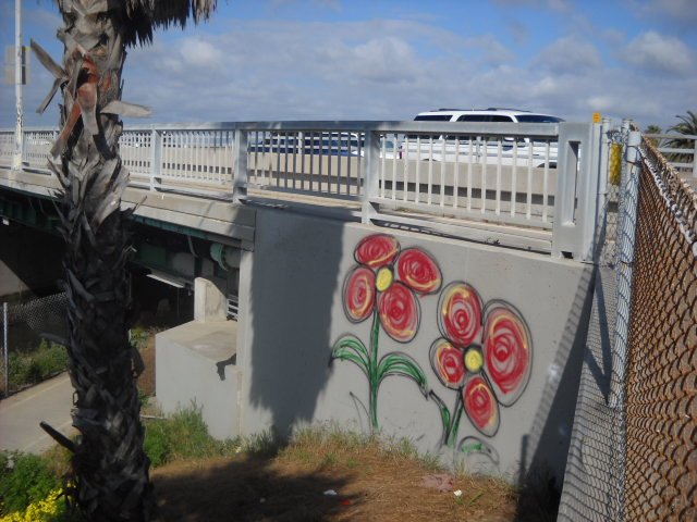 Springtime floral graffiti on Sunset Cliffs bridge.
