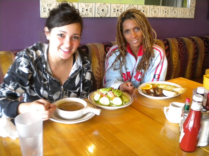 Karly (left), with veggie barley soup and house salad; Haili ordered the Anything Omelet (spinach, scallions, cheese, turkey bacon)