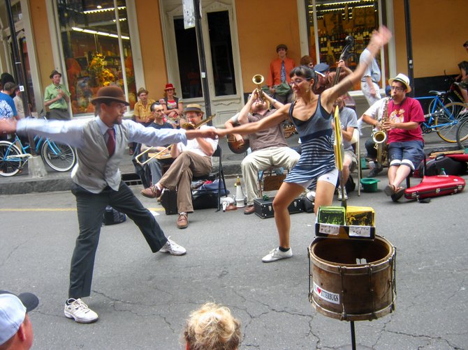 The Smoking Time Jazz Club Band livens up Royal Street in the French Quarter of New Orleans.