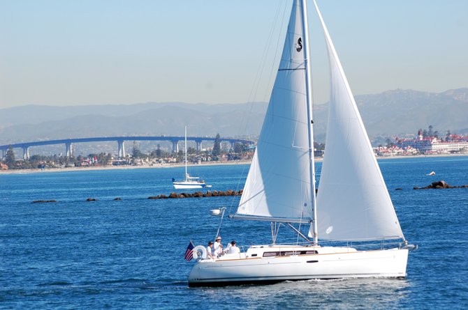 This photo displays the wonderful gift of sailing that the San Diego Bay offers, including the majestic views of the Coronado Bay Bridge in the background and the Hotel Del Coronado on the island.
