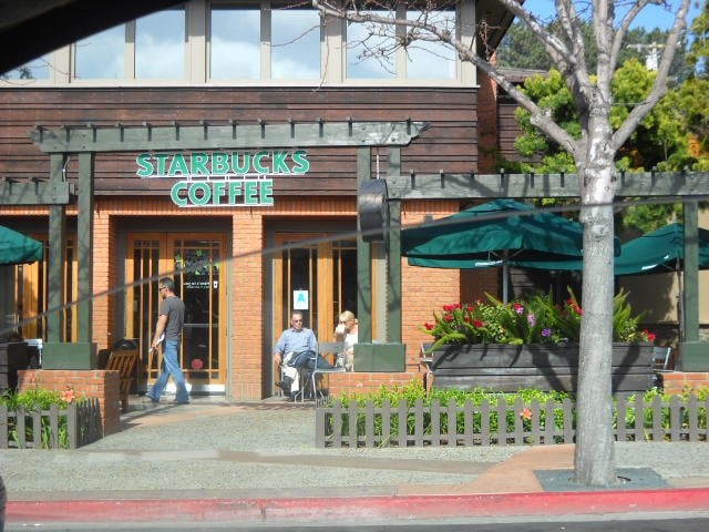 Del Mar's Starbucks-with a birds-eye view of rush hour traffic through my car window.