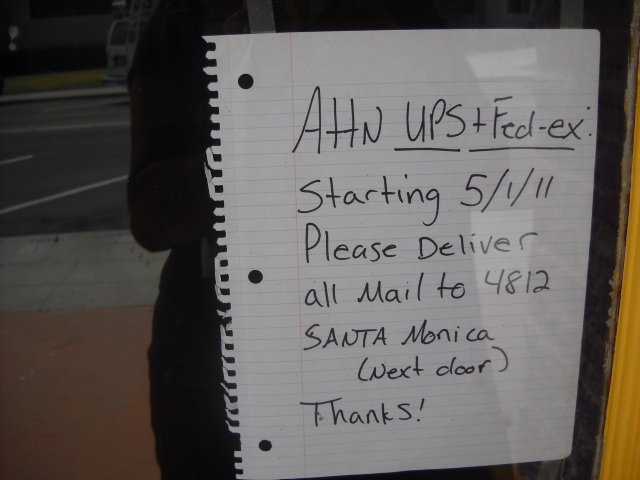 Note attached to empty Happy Herbs shop on Santa Monica Ave.