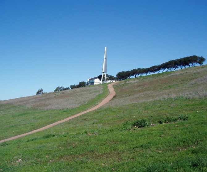 This is a long view of Montgomery Waller Park on Otay Mesa. John J. Montgomery is one of the pioneers of aviation. His flights even pre-date the Wright brother's flight. According to the plaques, and
several history websites, Montgomery flew the first successful "controlled flight" in a glider from this site on August 28, 1883.