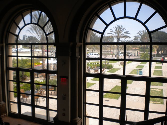 Campus view from inside Pavilion Dining hall