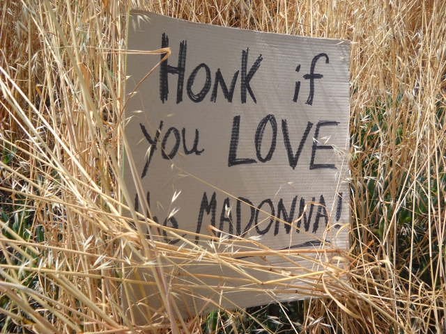 Cardboard sign left near Surfing Madonna on Encinitas Blvd.
