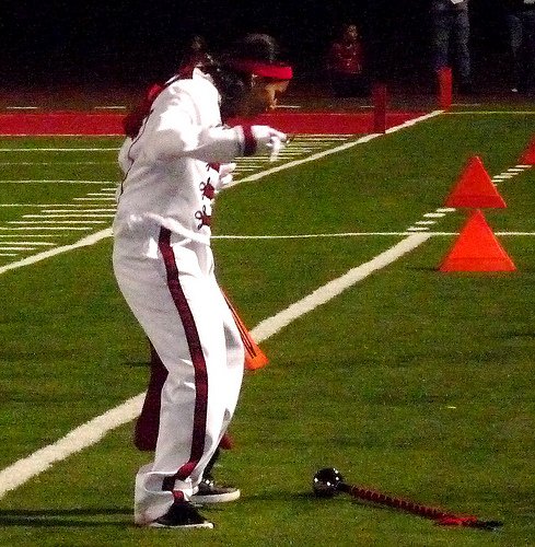 Mount Miguel’s band leader busts a move on the sideline during halftime