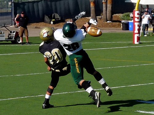 Santa Fe Christian Hunter Vaccaro knocks the ball away from Palo Verde Valley receiver Cole Krisell