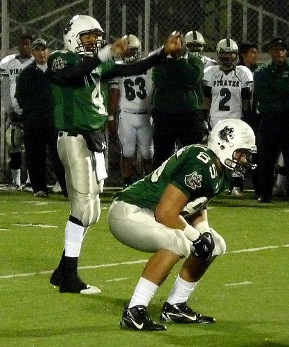 Helix quarterback Brandon Lewis directs traffic with Sam Meredith lined up at tight end