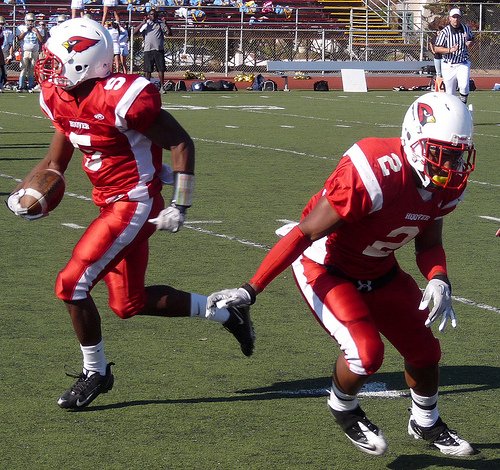 Hoover receiver Bobby Williams gets an escort from Cardinals receiver Byreese Taylor