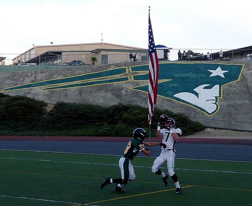 Point Loma receiver Matt Magers hauls in a touchdown pass between Patrick Henry defensive back defensive back Cameron Tuzon and the Patriots giant logo