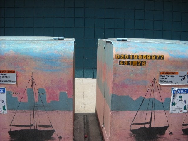 Twin painted utility box art at corner of Scott St. & Canon in Point Loma.