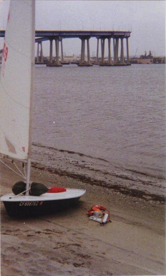 Shot of Laser #2069 rigged and loaded for my first island
voyage, as described in "LASERIUM" (under "TALES OF ADVENTURE" on my
profile page). This shot was taken on the beach in the small cove
beneath the Coronado Municipal Golf Course Clubhouse... that friggin'
dump. 

