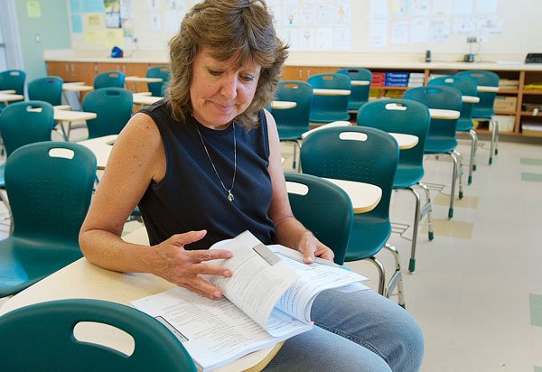 Teacher Melanie Morton holds the manual for LAS Links, one of the bewildering number of standardized tests students will take in a year. - Image by Alan Decker