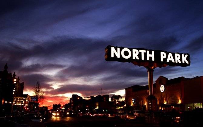 The North park sign at sunset, shot from University and 30th