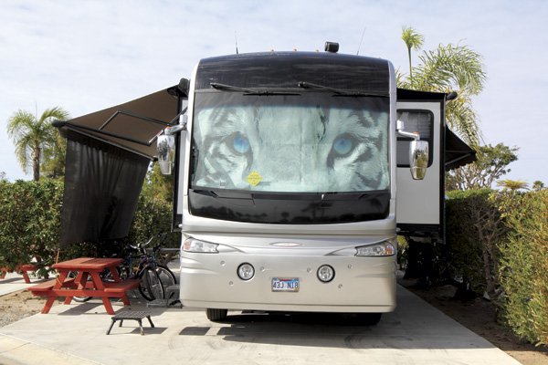 Luxury motor home at Chula Vista RV Resort next to San Diego Bay. Space rentals here are $1000 to $2000 per month.