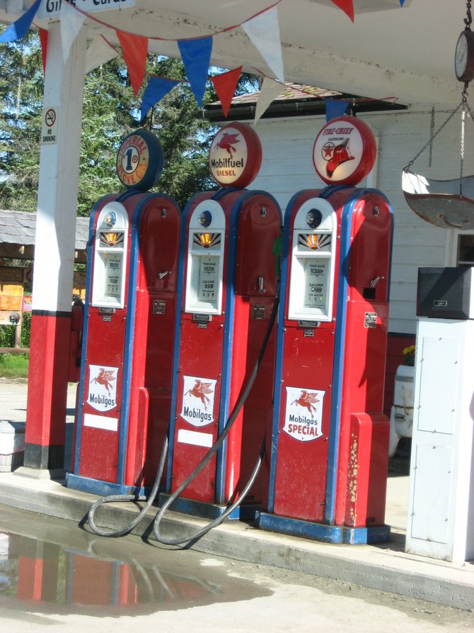 Gas pumps still in operation at the four corners in Gustavus. (Called the "four corners" because it's the only intersection in town.)