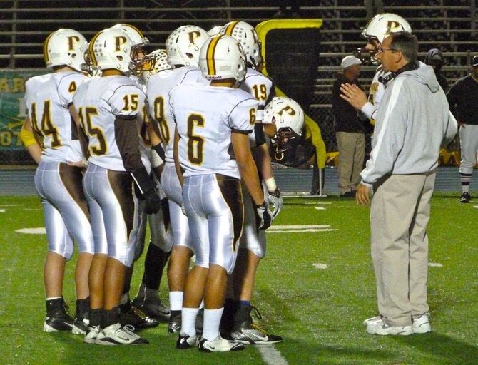 Francis Parker head coach John Morrison talks to the Lancers offense during a timeout