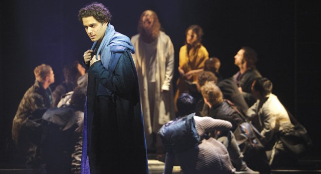 Josh Young as Judas Iscariot with members of the company in Jesus Christ Superstar, at the La Jolla Playhouse through December 31.
