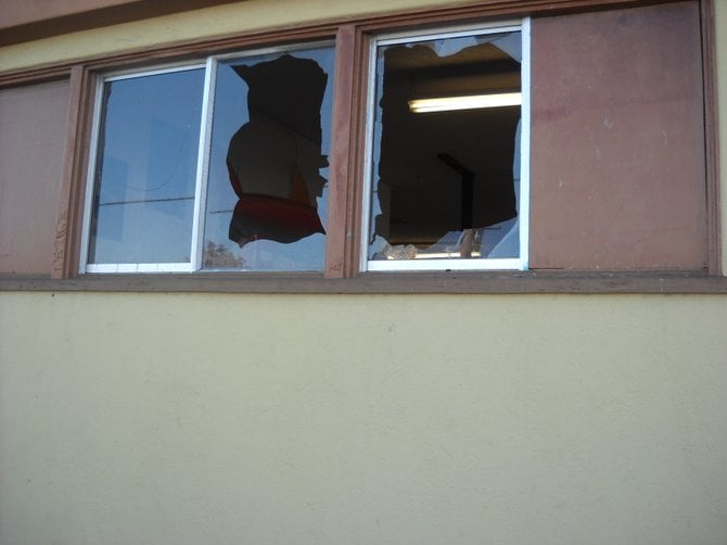 Broken windows at James Gang in Ocean Beach from RV fire.