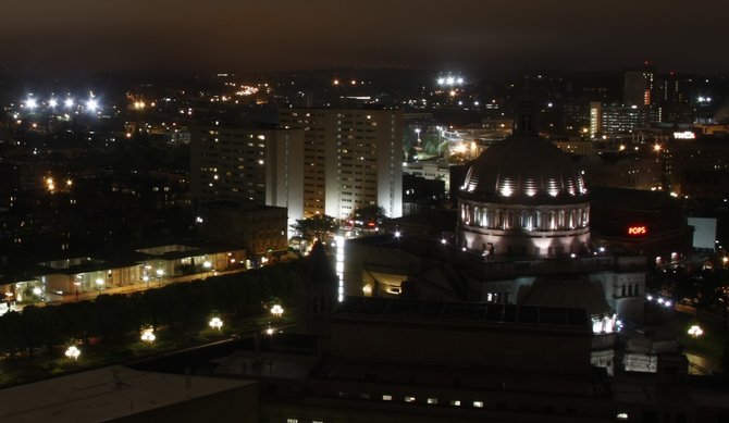 Night view of the Christian Science Plaza in Boston, MA