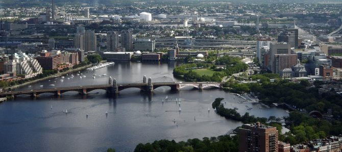 View of the Longfellow Bridge in Boston Mass, taken from the top of the Prudential tower.