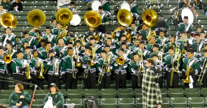 Helix's marching band makes noise in the stands at Home Depot Center