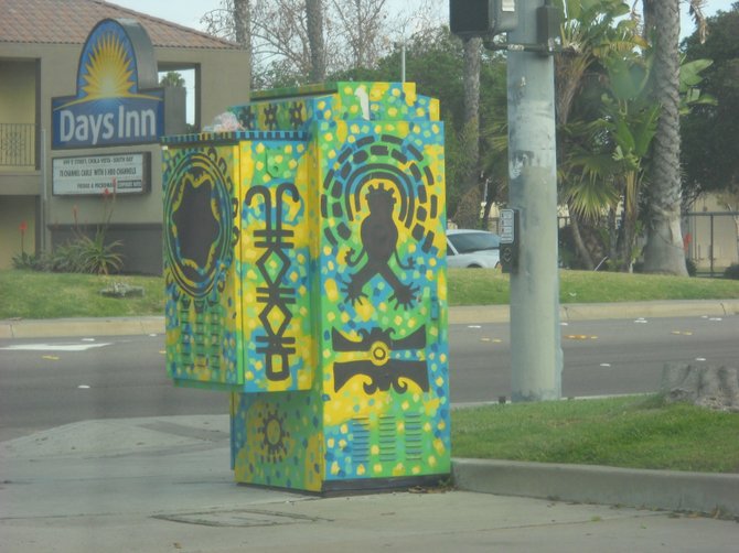 Aztec patterned utility box art on the corner of E Street and Woodlawn in Chula Vista.