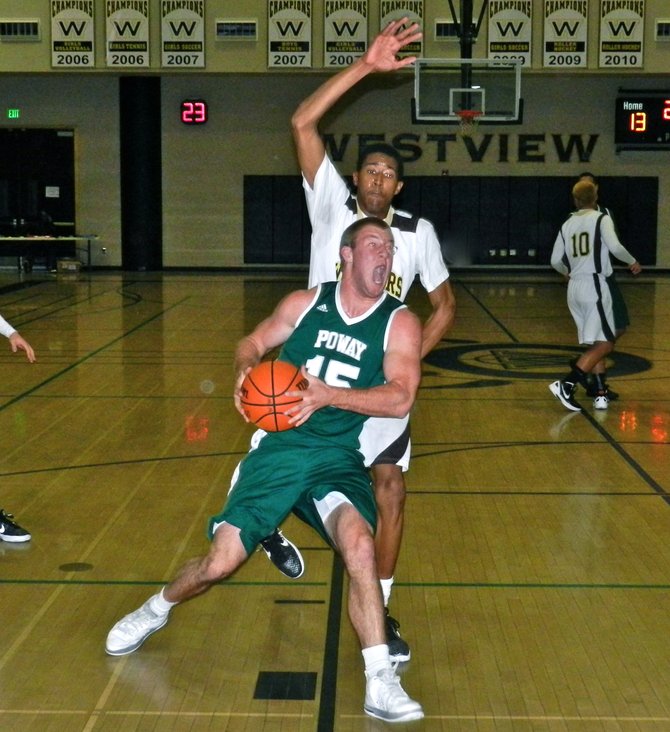 Poway forward Brian Guendling drives to the hoop in front of West Torrance guard Jamin Lackey