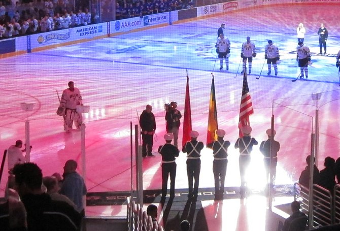 The singing of the National Anthem at an L.A. Kings game at the Staples Center in Los Angeles.