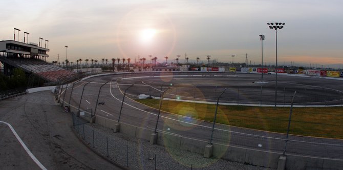 The sun rising over the Toyota Motor Speedway in Irwindale, CA