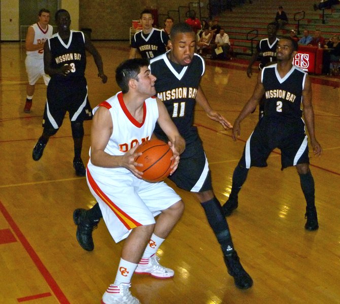 Cathedral Catholic Michael Rosenburg drives inside against Mission Bay guard Jerald Albritton