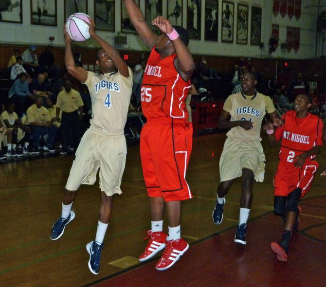 Morse guard Darius Wilson goes up for a shot inside against Mount Miguel center Thomas Butler