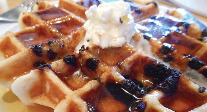 The waffle is a sticky, crunchy, chocolaty mess.