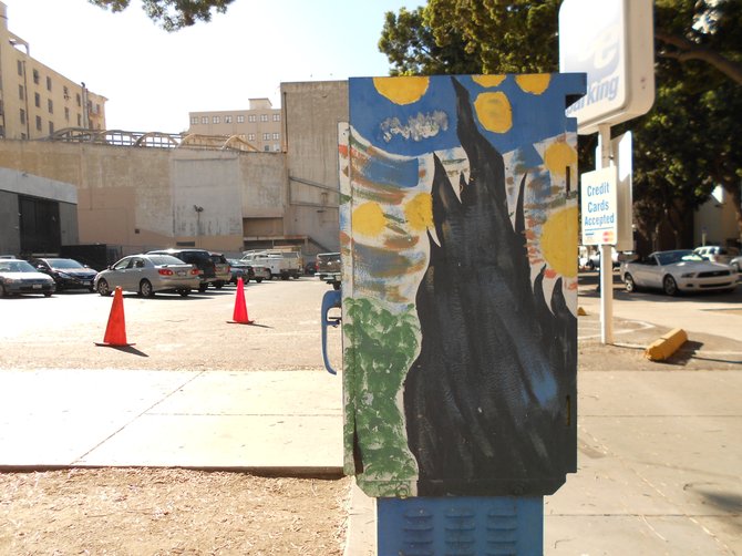 Van Gogh-ish looking utility box art near 4th & B parking lot.