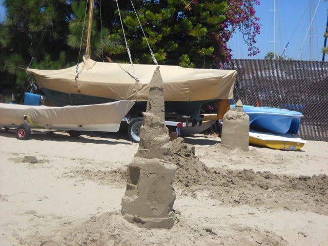 Sand castles on beach near Southwestern Yacht Club.