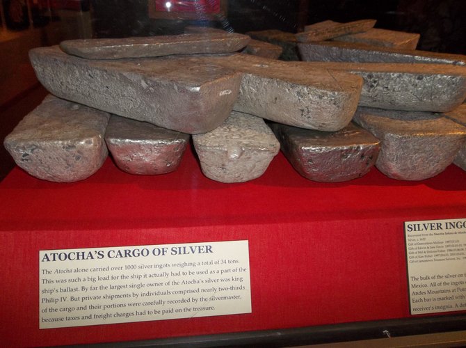 These silver ingots are just a small portion of the treasure dug up from the doomed Spanish galleon, the Atocha. It sank in a late 17th century hurricane and was not discovered until 1986. Its contents are on display at the Mel Fisher Maritime Museum in Key West, Florida. 