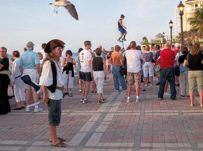 Performers entertain onlookers at the Mallory Square daily sunset celebration in Key West, Florida. Hey, doesn't anyone care about pirates anymore?