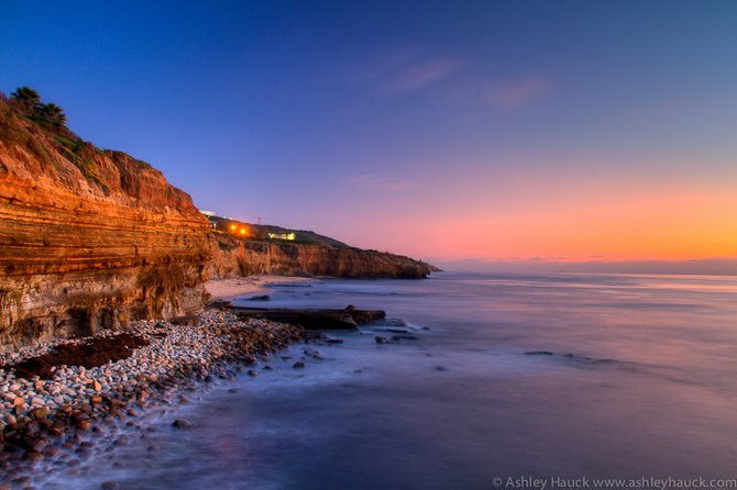 Sunset Cliffs just after sunset, viewed from the surfers' launch (HDR)