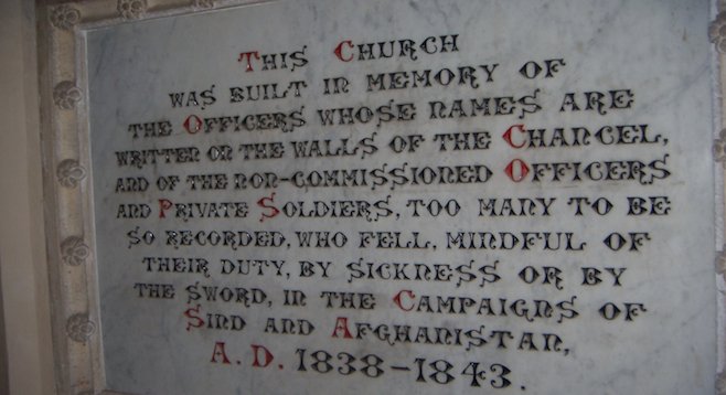 Inscription in Bombay, India, church to English soldiers who fought in the Anglo-Afghan Wars