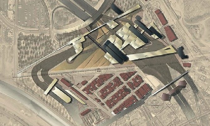 Aerial-view rendering of the U.S.-MX border complex upon completion. Lower left is the Mexican El Chaparral...above and more to the right is the U.S. border-crossing station.