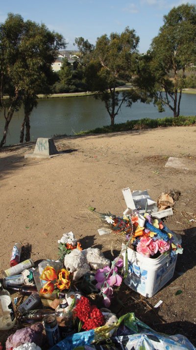 Mementos left where the children were killed in Libby Lake Park.