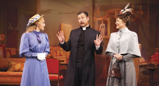 Ephie Aardema plays Lucy Honeychurch, Edward Staudenmayer is Reverend Mr. Beeber, and Karen Ziemba is Charlotte Bartlett in the Old Globe’s world priemere musical A Room with a View. - Image by Henry DiRocco